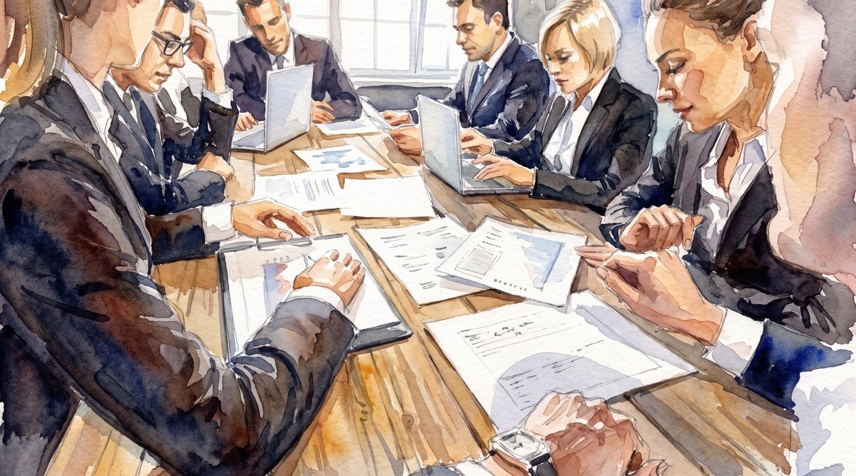 Aquarela: executivos de terno reunidos em torno de uma mesa de madeira, com notebooks e papéis espalhados.