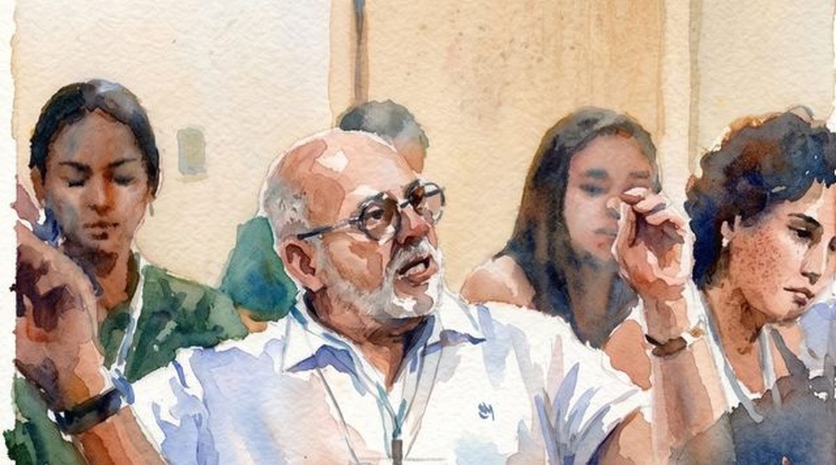 Aquarela: participantes atentos a uma reunião, em primeiro plano um homem de óculos e barba grisalha.