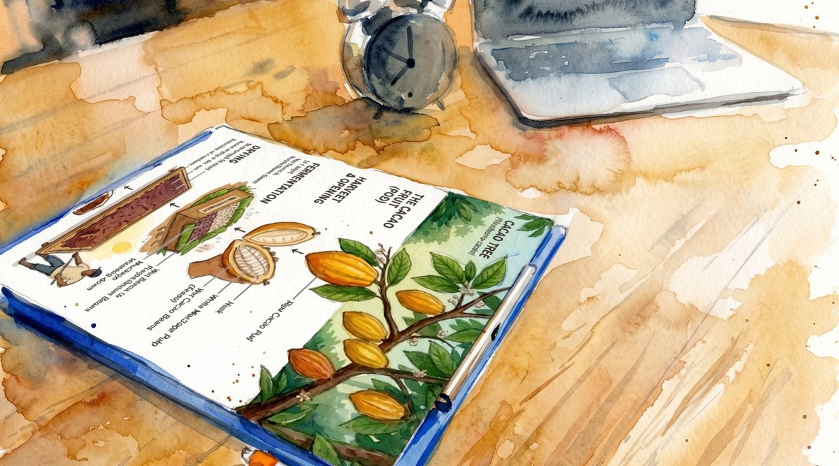 Aquarela: folheto ilustrado sobre o cacau em uma mesa de madeira, com um despertador e um notebook ao fundo.