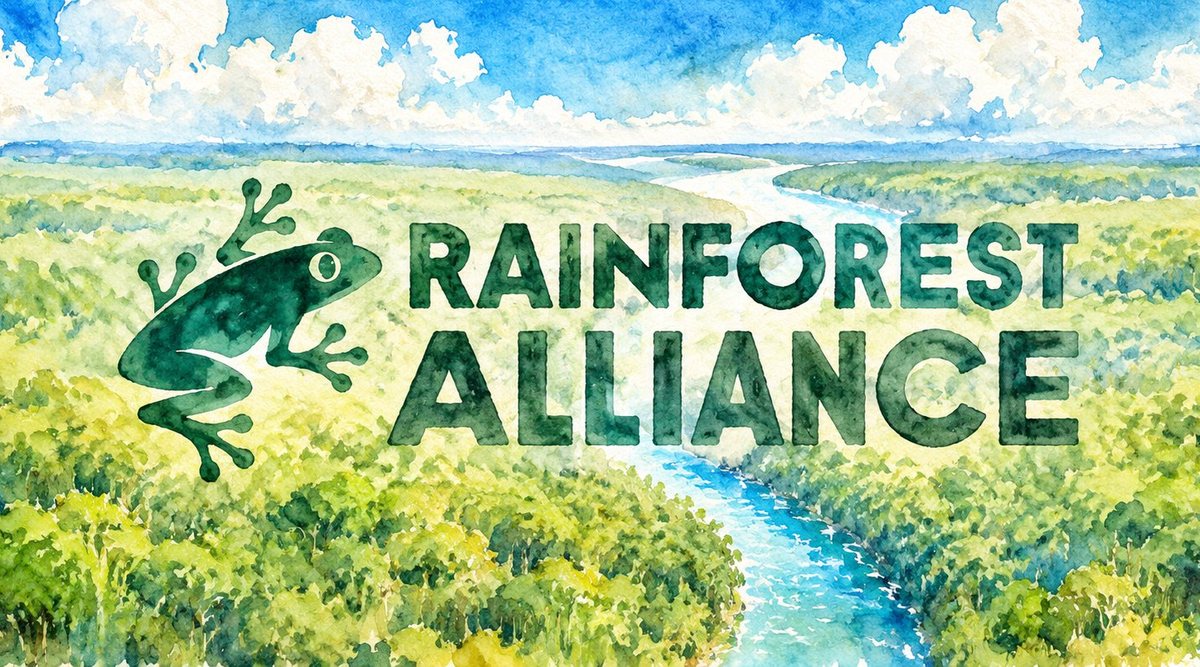 Aquarela: floresta tropical vista do alto, com um rio e o logotipo da Rainforest Alliance.