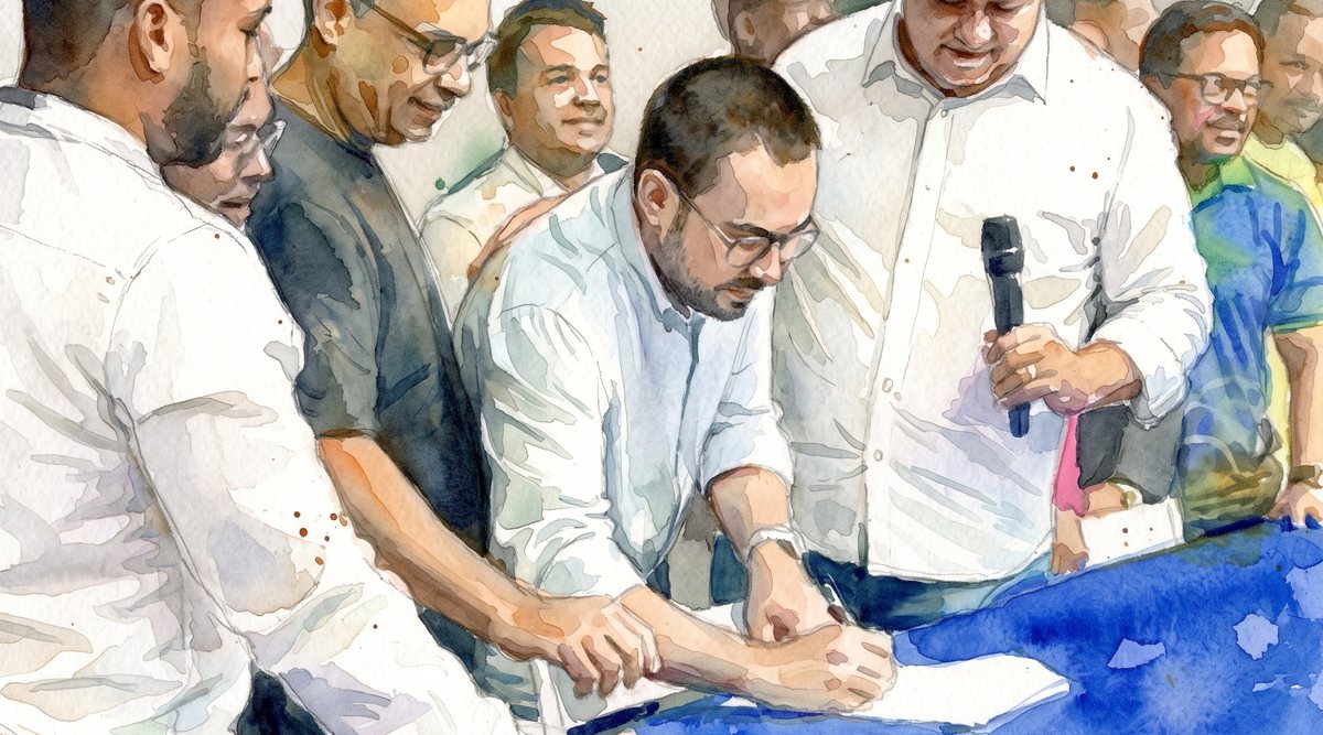Aquarela: pessoas reunidas em volta de uma mesa, assinando um documento, com um homem falando ao microfone.