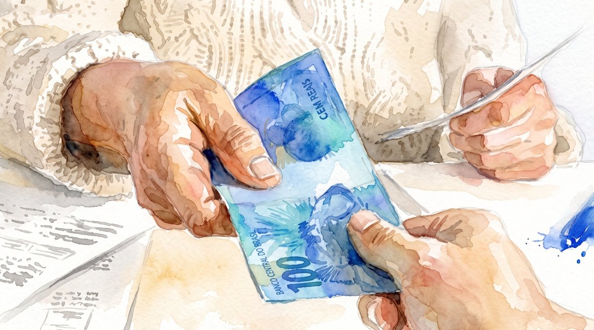 Aquarela: mãos entregam cédulas de cem reais, ao lado de papéis sobre a mesa.